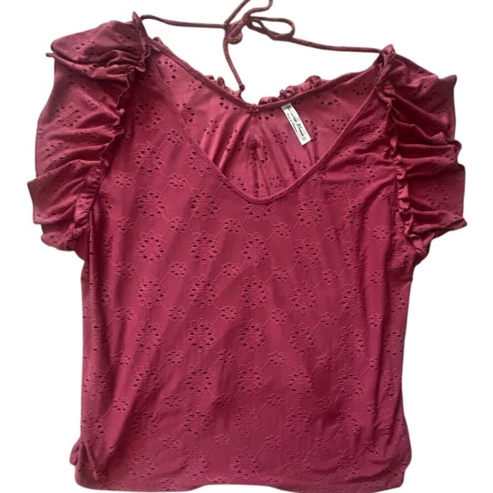 Per Seption Woman Eyelet Embroidered
Blouse Ruffle Sleeve Tie Back Top 3X